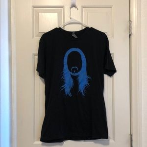 a black shirt with a blue man